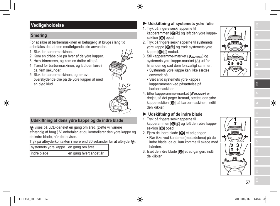 Vedligeholdelse | Panasonic ESLV61 User Manual | Page 57 / 142