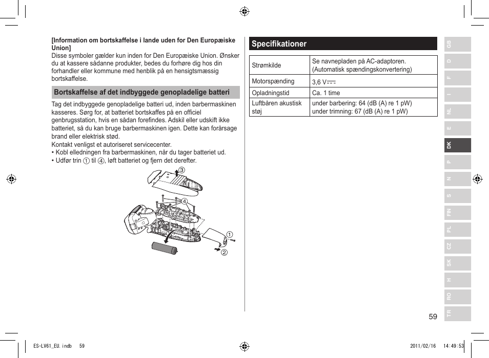 Specifikationer | Panasonic ESLV61 User Manual | Page 59 / 142