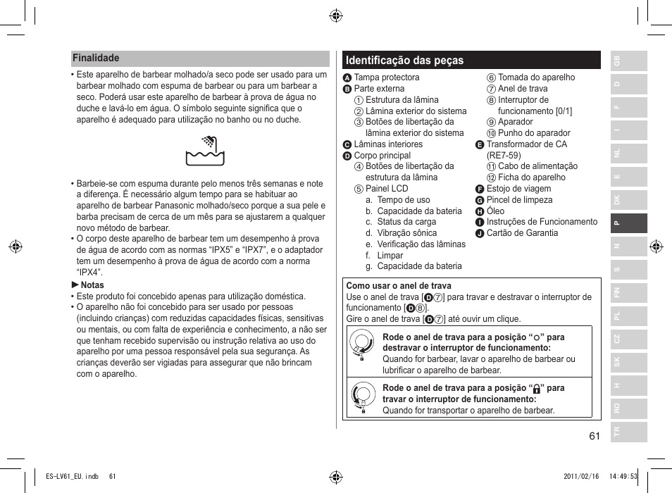 Identificação das peças | Panasonic ESLV61 User Manual | Page 61 / 142