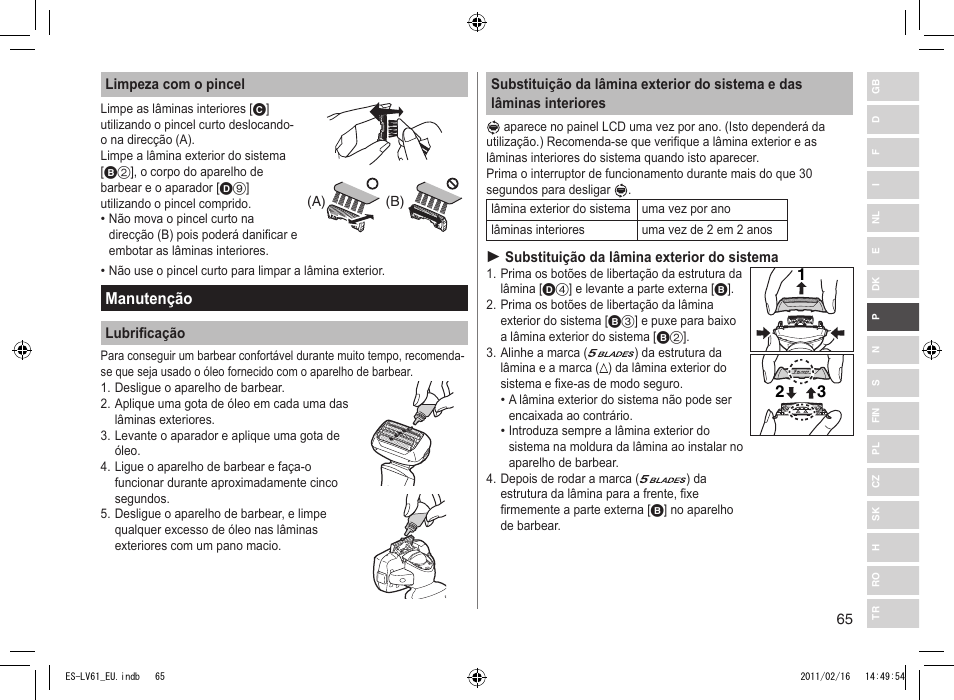 Manutenção | Panasonic ESLV61 User Manual | Page 65 / 142