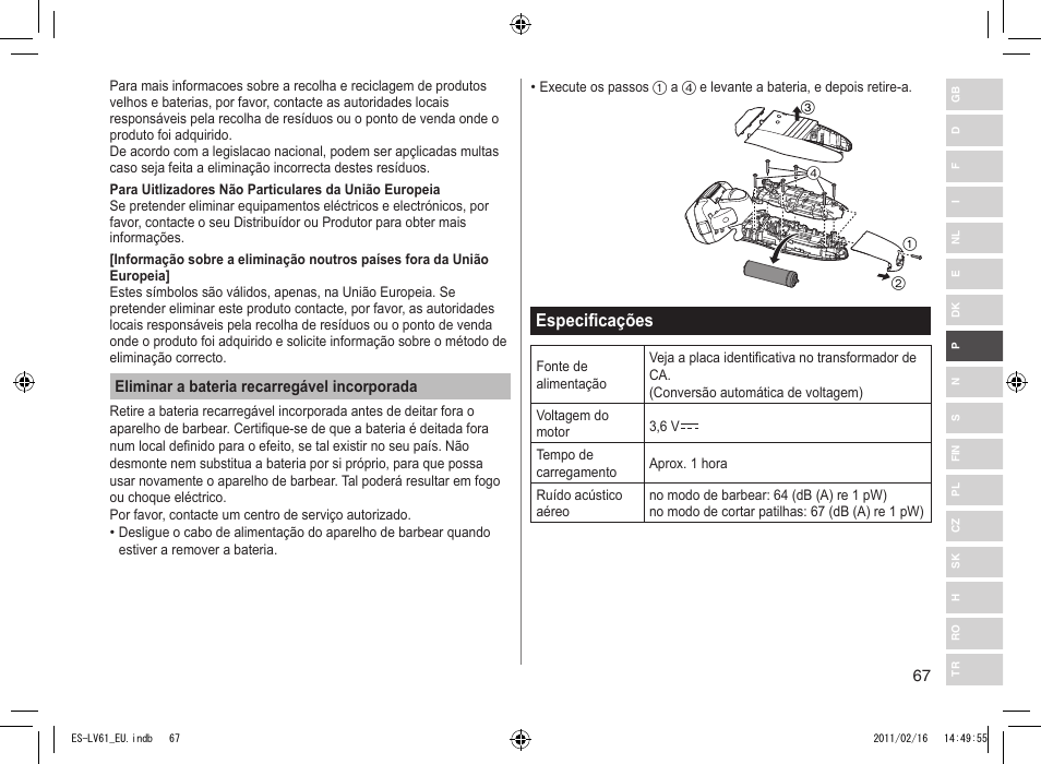 Especificações | Panasonic ESLV61 User Manual | Page 67 / 142