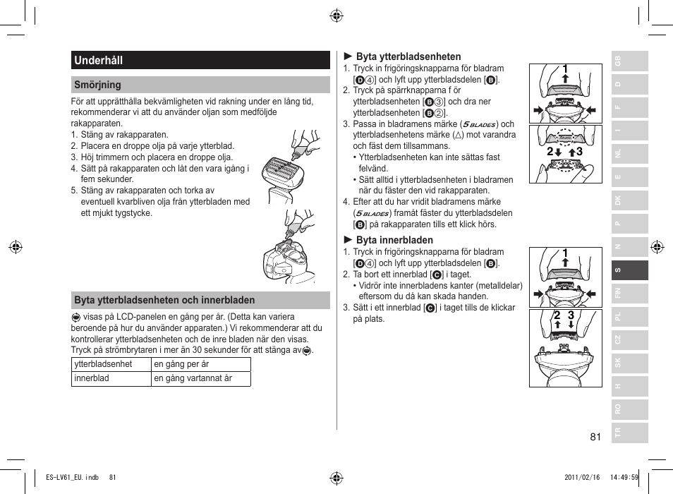 Underhåll | Panasonic ESLV61 User Manual | Page 81 / 142