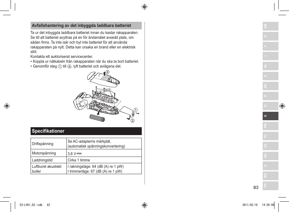 Specifikationer | Panasonic ESLV61 User Manual | Page 83 / 142