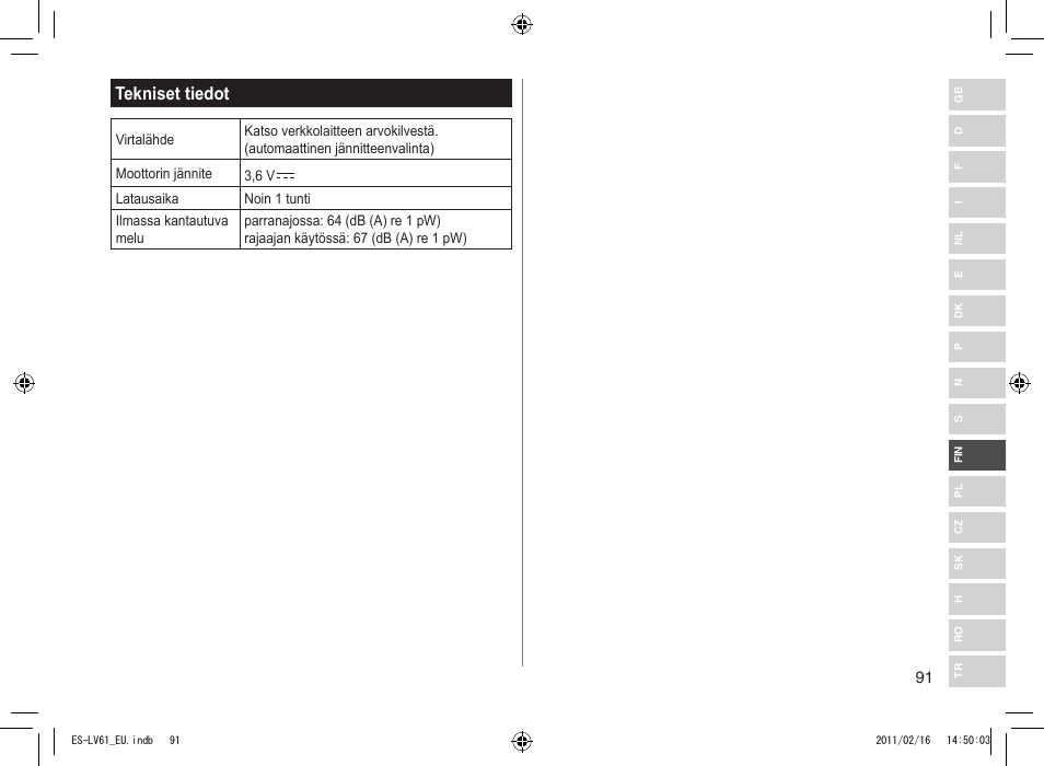 Tekniset tiedot | Panasonic ESLV61 User Manual | Page 91 / 142