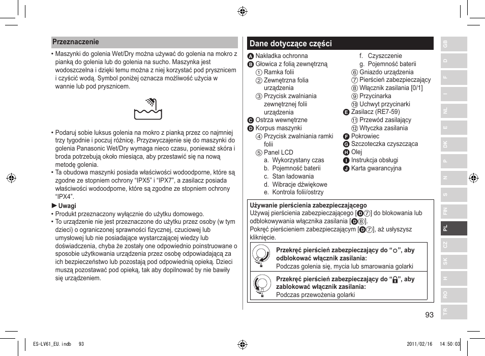 Dane dotyczące części | Panasonic ESLV61 User Manual | Page 93 / 142