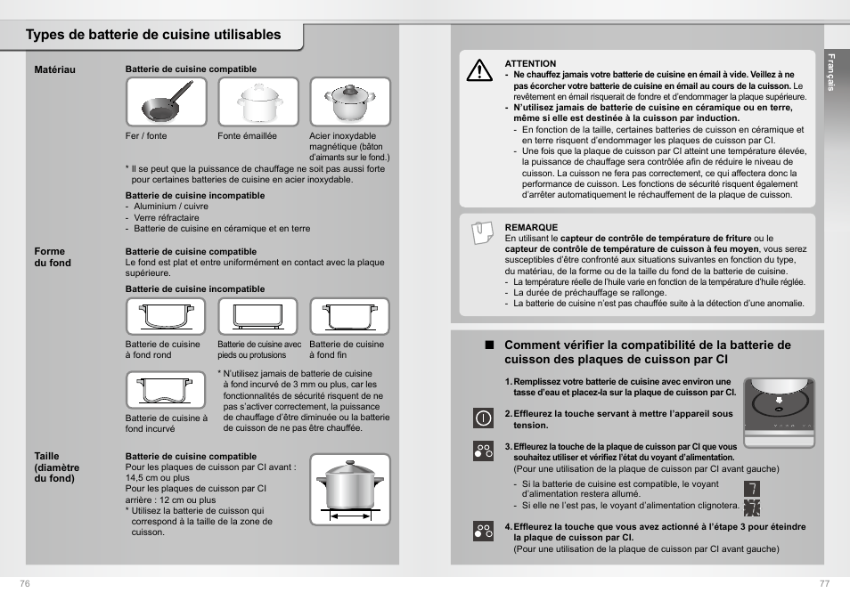 Types de batterie de cuisine utilisables | Panasonic KYB64BXBXD User Manual | Page 39 / 62
