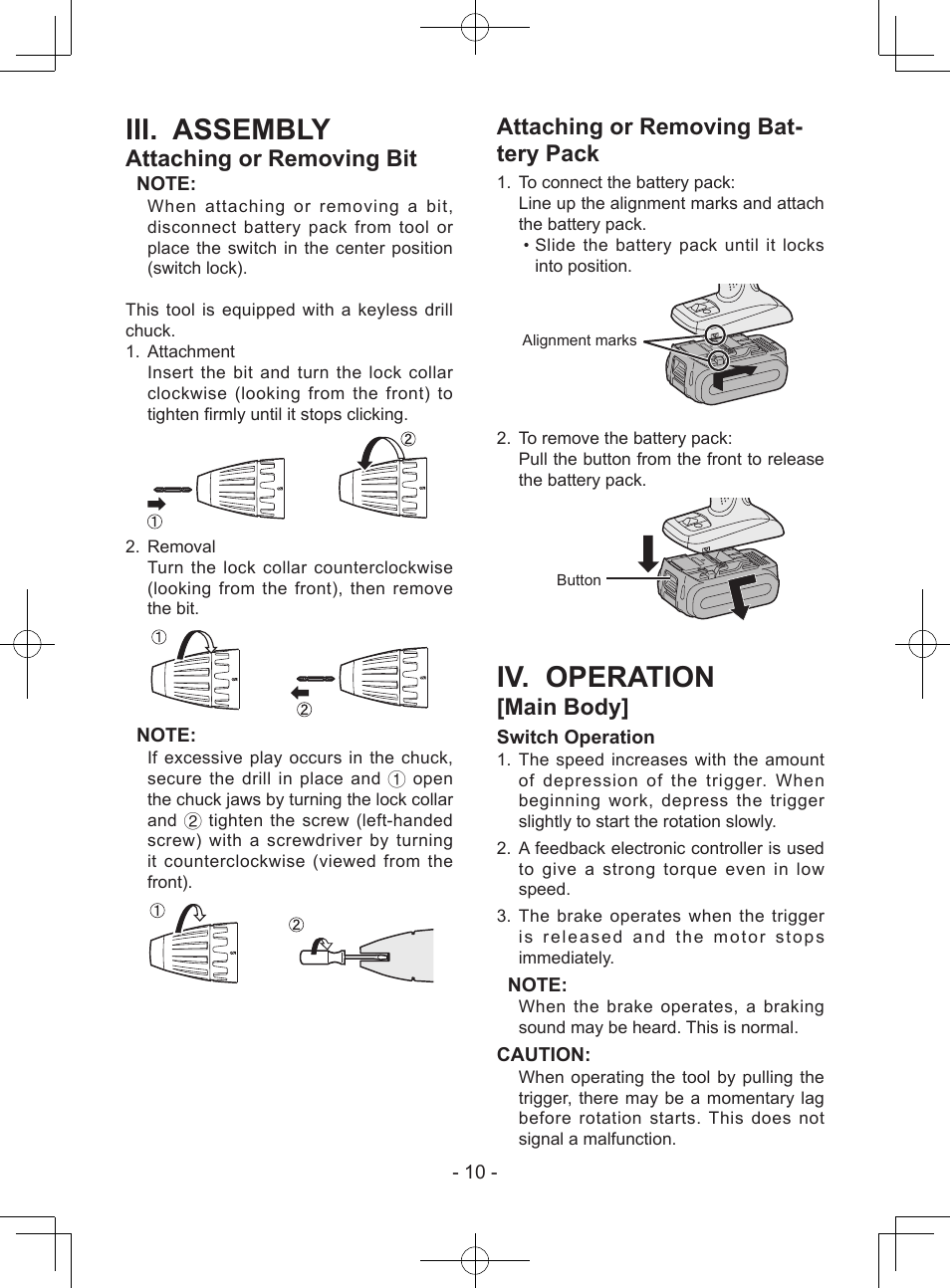 Iii. assembly, Iv. operation, Attaching or removing bit | Attaching or removing bat- tery pack, Main body | Panasonic EY7443 User Manual | Page 10 / 136