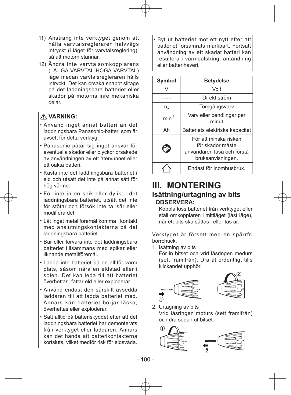 Iii. montering, Isättning/urtagning av bits, Varning | Observera | Panasonic EY7443 User Manual | Page 100 / 136