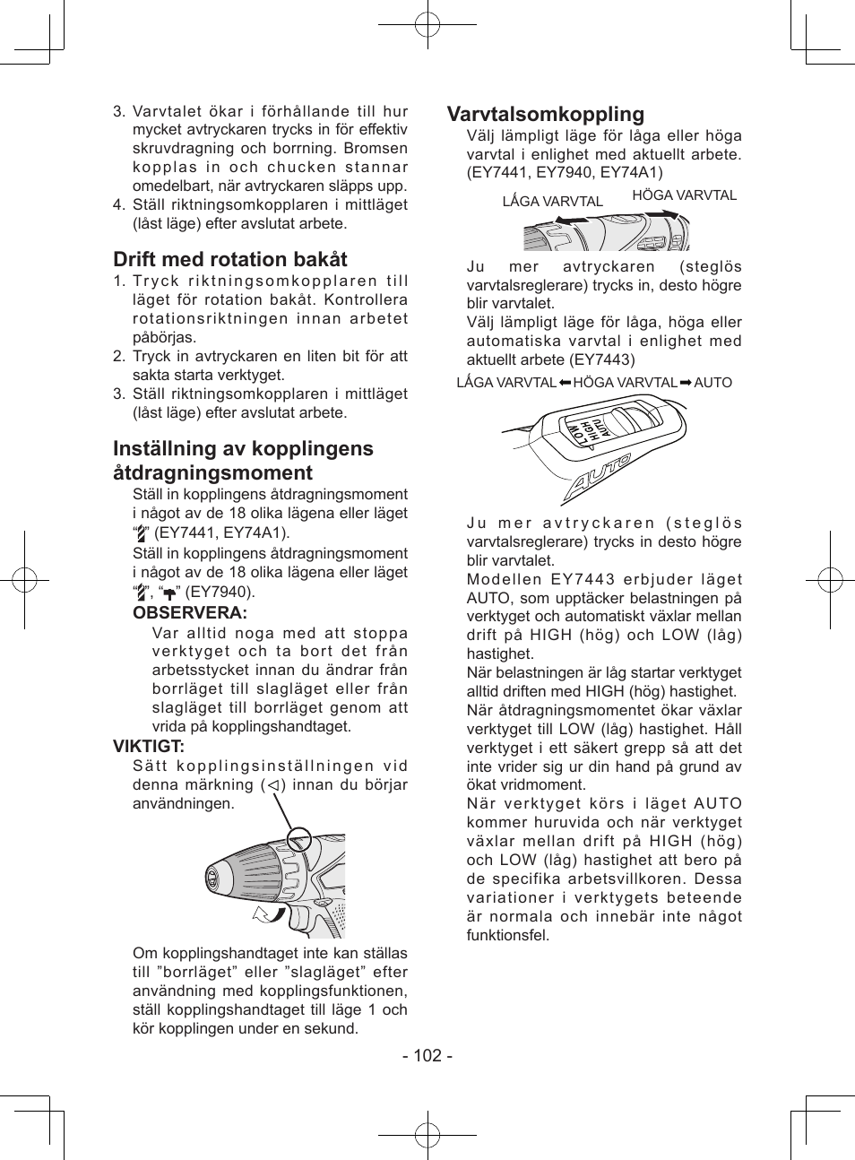 Drift med rotation bakåt, Inställning av kopplingens åtdragningsmoment, Varvtalsomkoppling | Panasonic EY7443 User Manual | Page 102 / 136