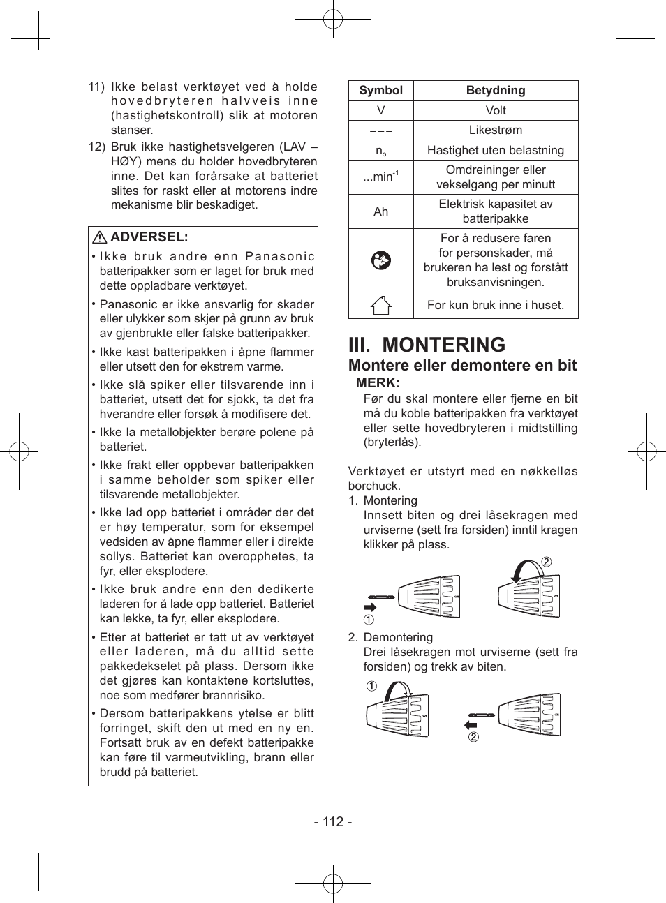 Iii. montering, Montere eller demontere en bit, Adversel | Merk | Panasonic EY7443 User Manual | Page 112 / 136