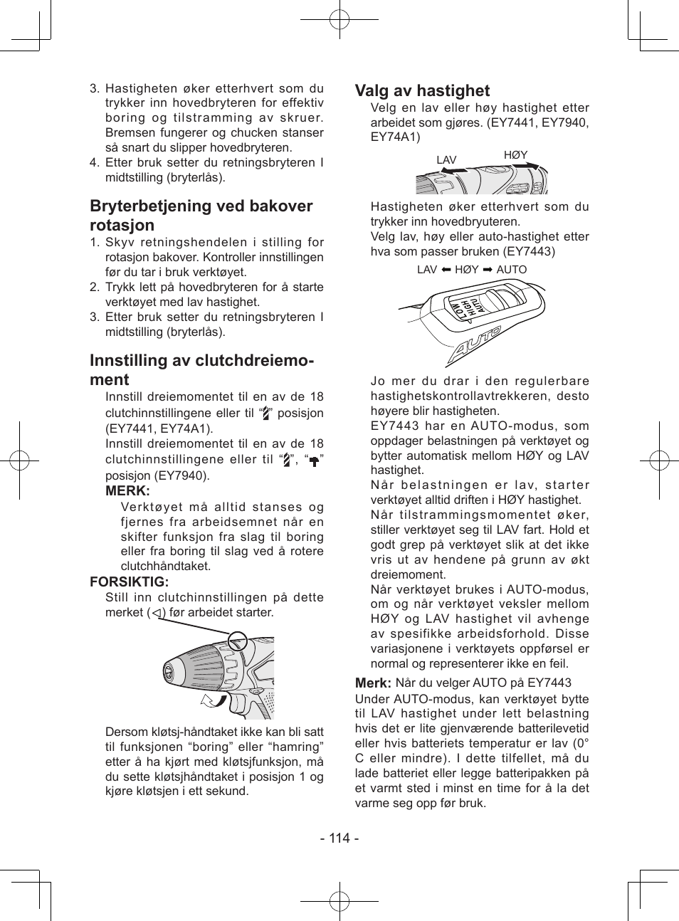Bryterbetjening ved bakover rotasjon, Innstilling av clutchdreiemo- ment, Valg av hastighet | Panasonic EY7443 User Manual | Page 114 / 136