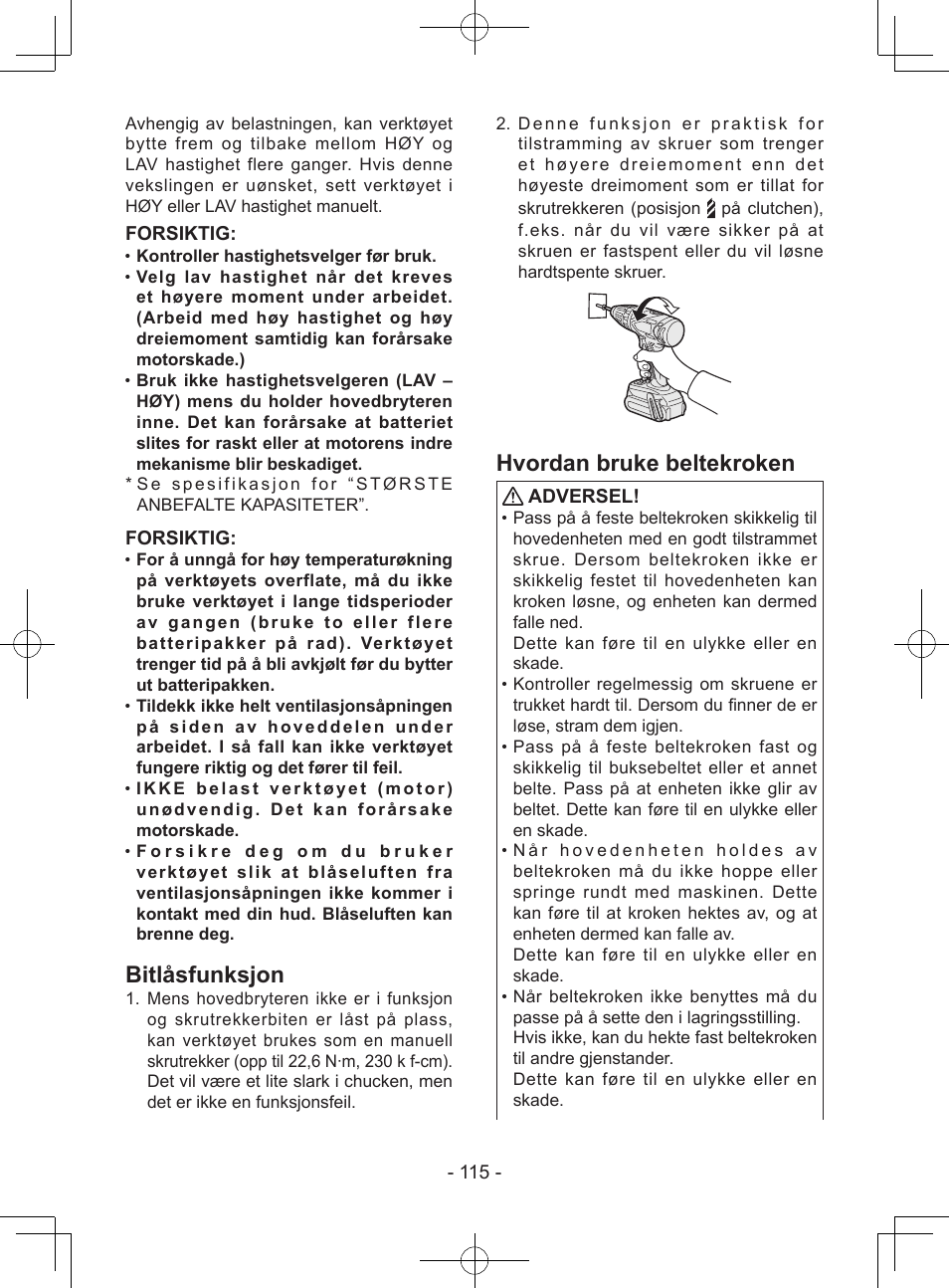 Bitlåsfunksjon, Hvordan bruke beltekroken, Forsiktig | Adversel | Panasonic EY7443 User Manual | Page 115 / 136