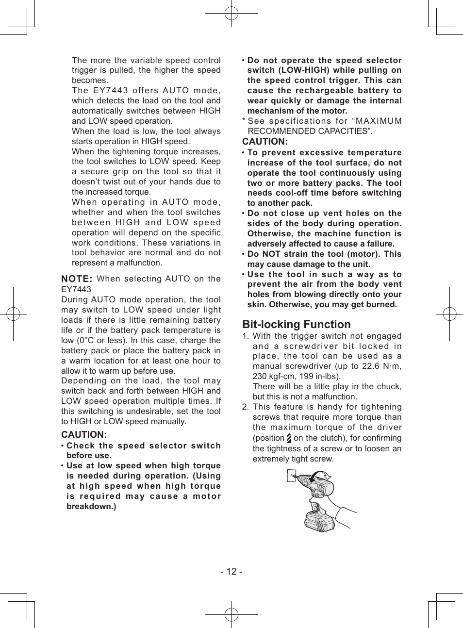Bit-locking function, Caution | Panasonic EY7443 User Manual | Page 12 / 136