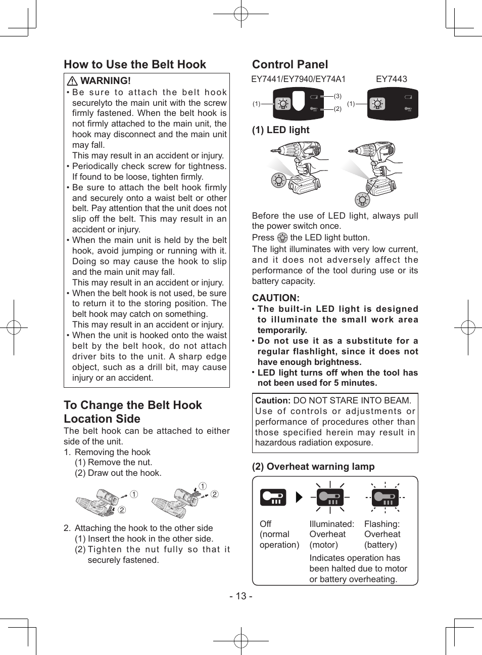 How to use the belt hook, Control panel, Warning | 1) led light, Caution, 2) overheat warning lamp | Panasonic EY7443 User Manual | Page 13 / 136