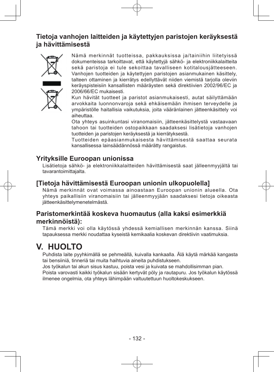 V. huolto, Yrityksille euroopan unionissa | Panasonic EY7443 User Manual | Page 132 / 136