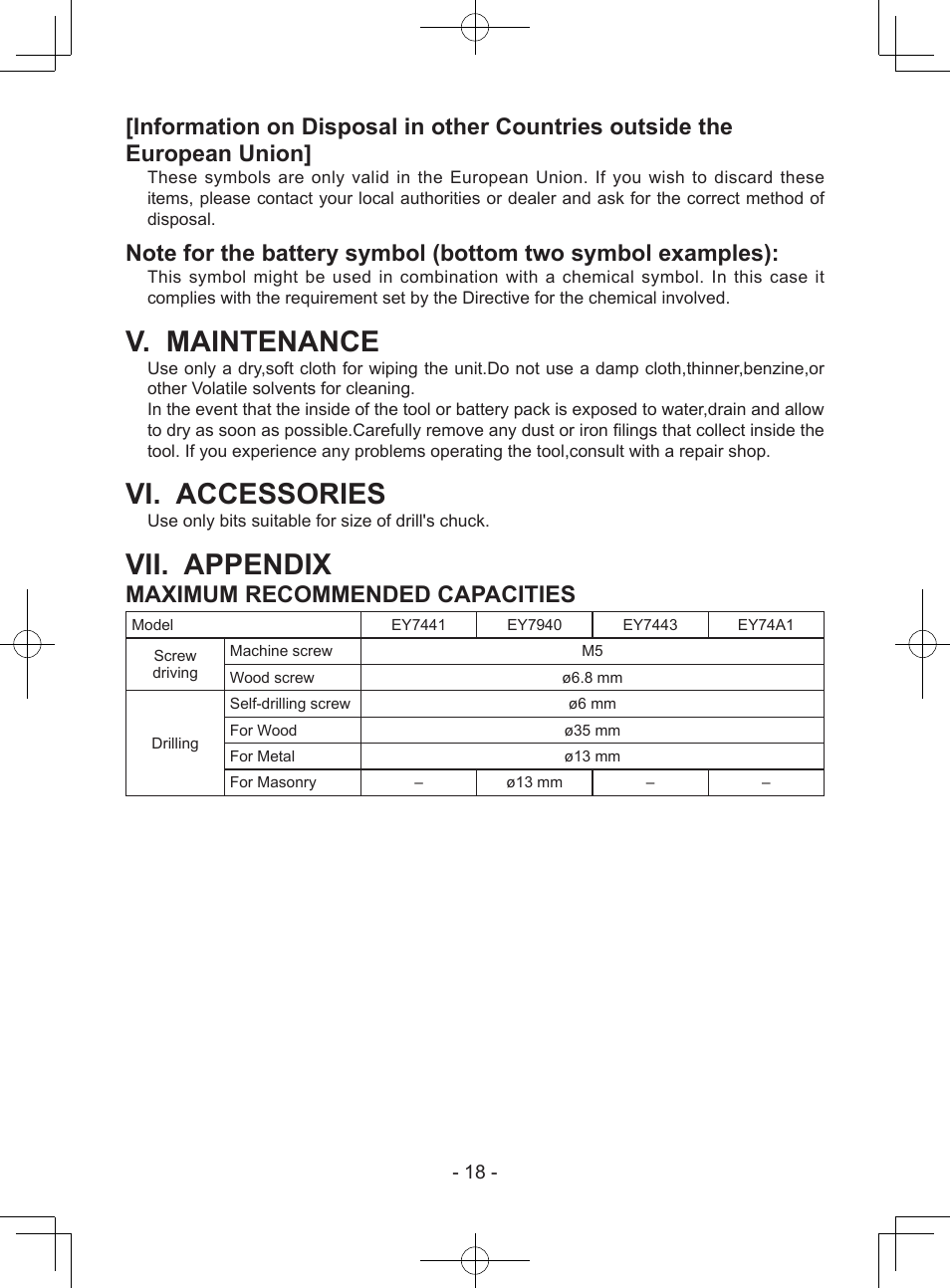 V. maintenance, Vi. accessories, Vii. appendix | Maximum recommended capacities | Panasonic EY7443 User Manual | Page 18 / 136