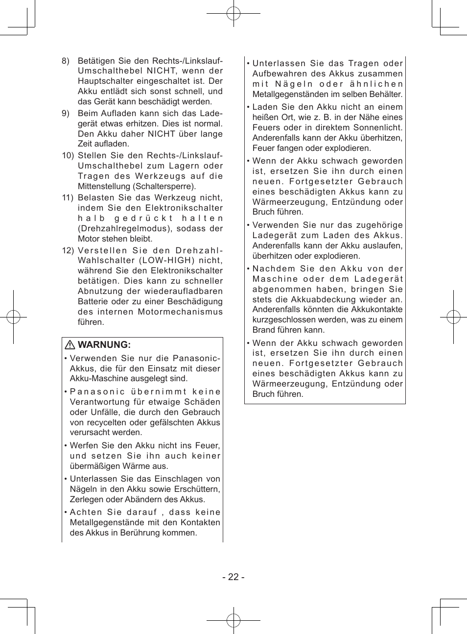 Warnung | Panasonic EY7443 User Manual | Page 22 / 136