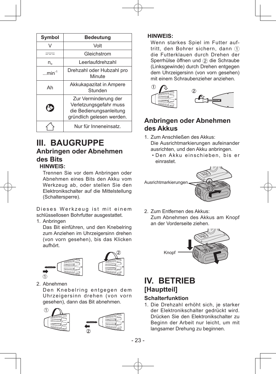 Iii. baugruppe, Iv. betrieb, Anbringen oder abnehmen des bits | Anbringen oder abnehmen des akkus, Hauptteil | Panasonic EY7443 User Manual | Page 23 / 136