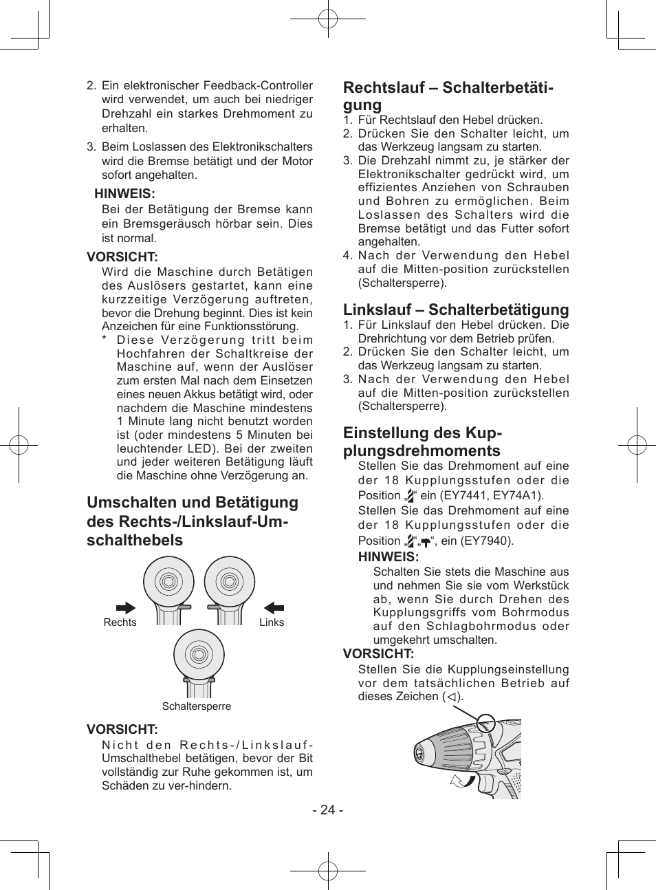 Rechtslauf – schalterbetäti- gung, Linkslauf – schalterbetätigung, Einstellung des kup- plungsdrehmoments | Panasonic EY7443 User Manual | Page 24 / 136