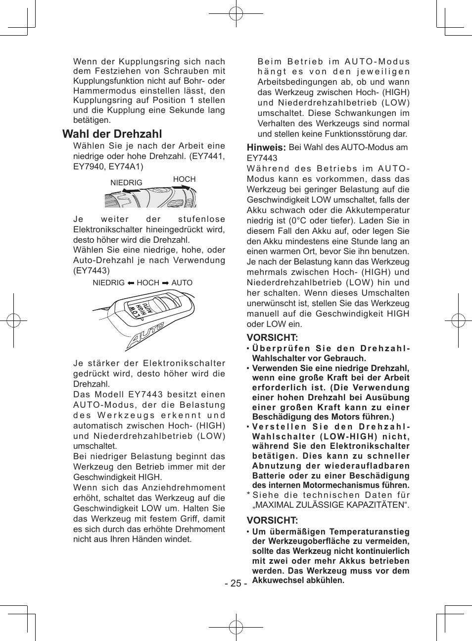 Wahl der drehzahl | Panasonic EY7443 User Manual | Page 25 / 136