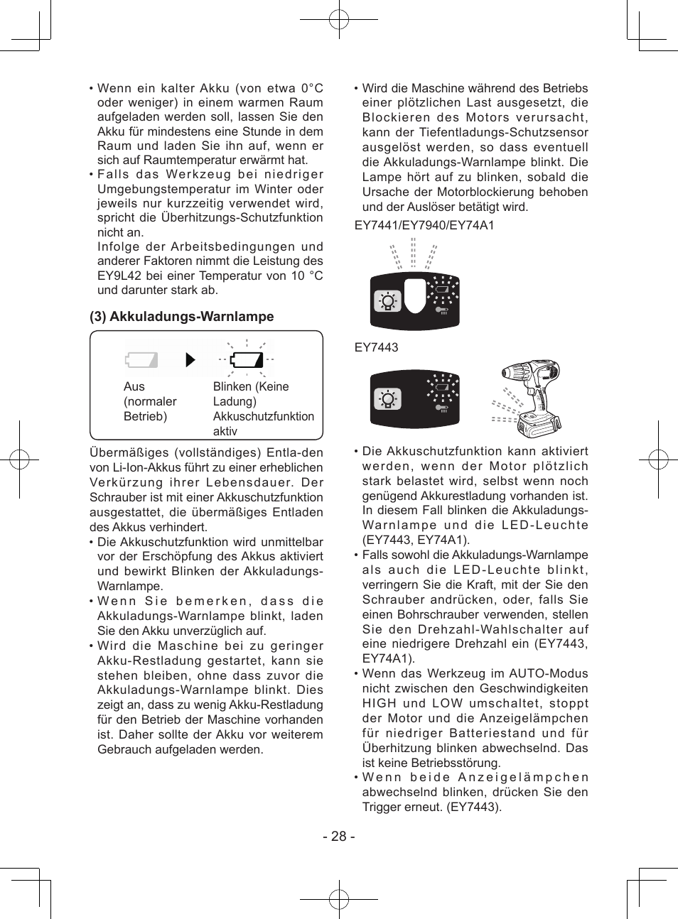 3) akkuladungs-warnlampe | Panasonic EY7443 User Manual | Page 28 / 136