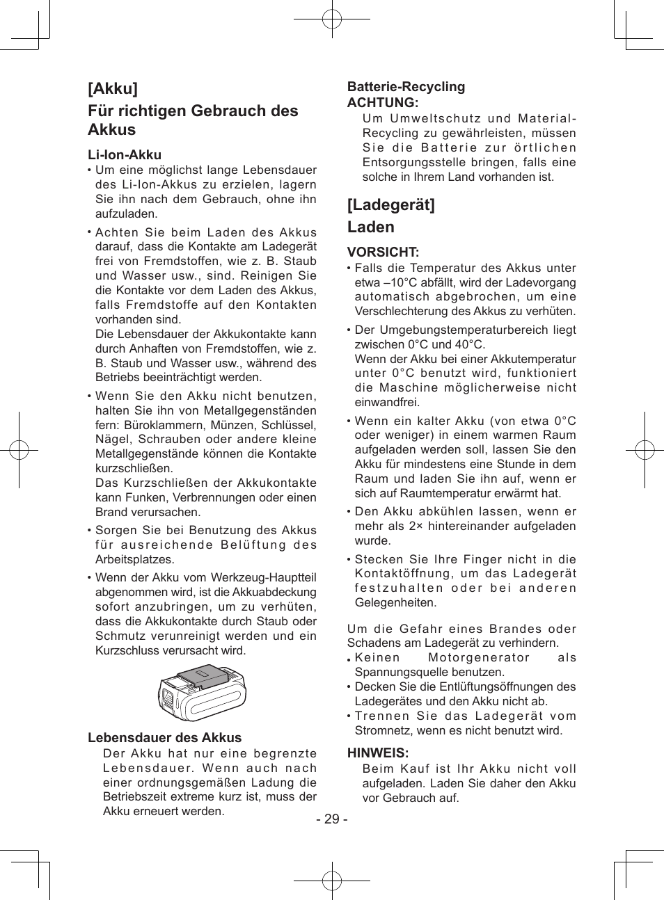 Akku] für richtigen gebrauch des akkus, Ladegerät] laden, Li-ion-akku | Lebensdauer des akkus, Batterie-recycling achtung, Vorsicht, Hinweis | Panasonic EY7443 User Manual | Page 29 / 136