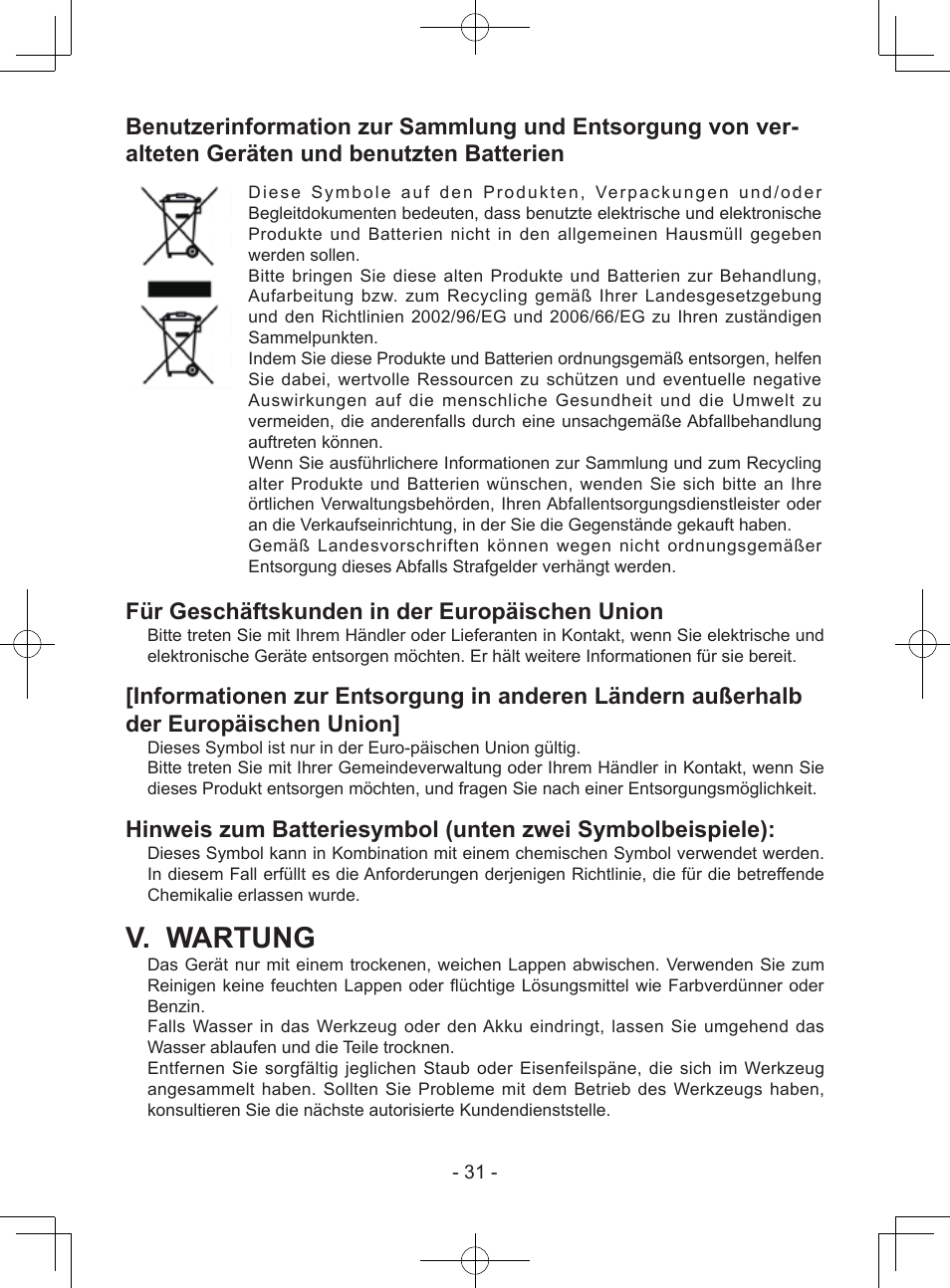 V. wartung, Für geschäftskunden in der europäischen union | Panasonic EY7443 User Manual | Page 31 / 136