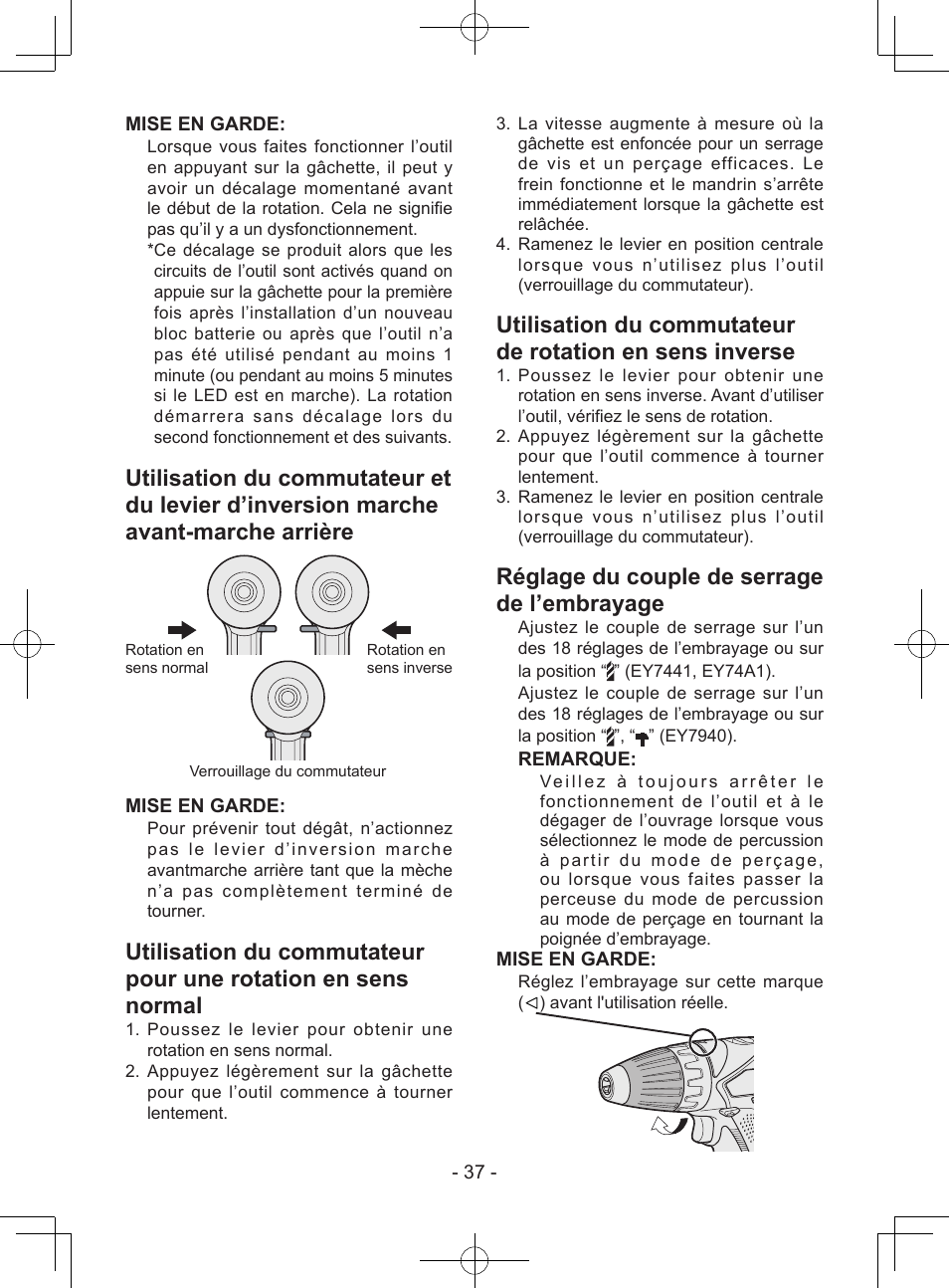 Réglage du couple de serrage de l’embrayage | Panasonic EY7443 User Manual | Page 37 / 136