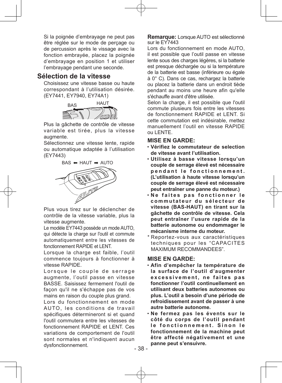 Sélection de la vitesse | Panasonic EY7443 User Manual | Page 38 / 136