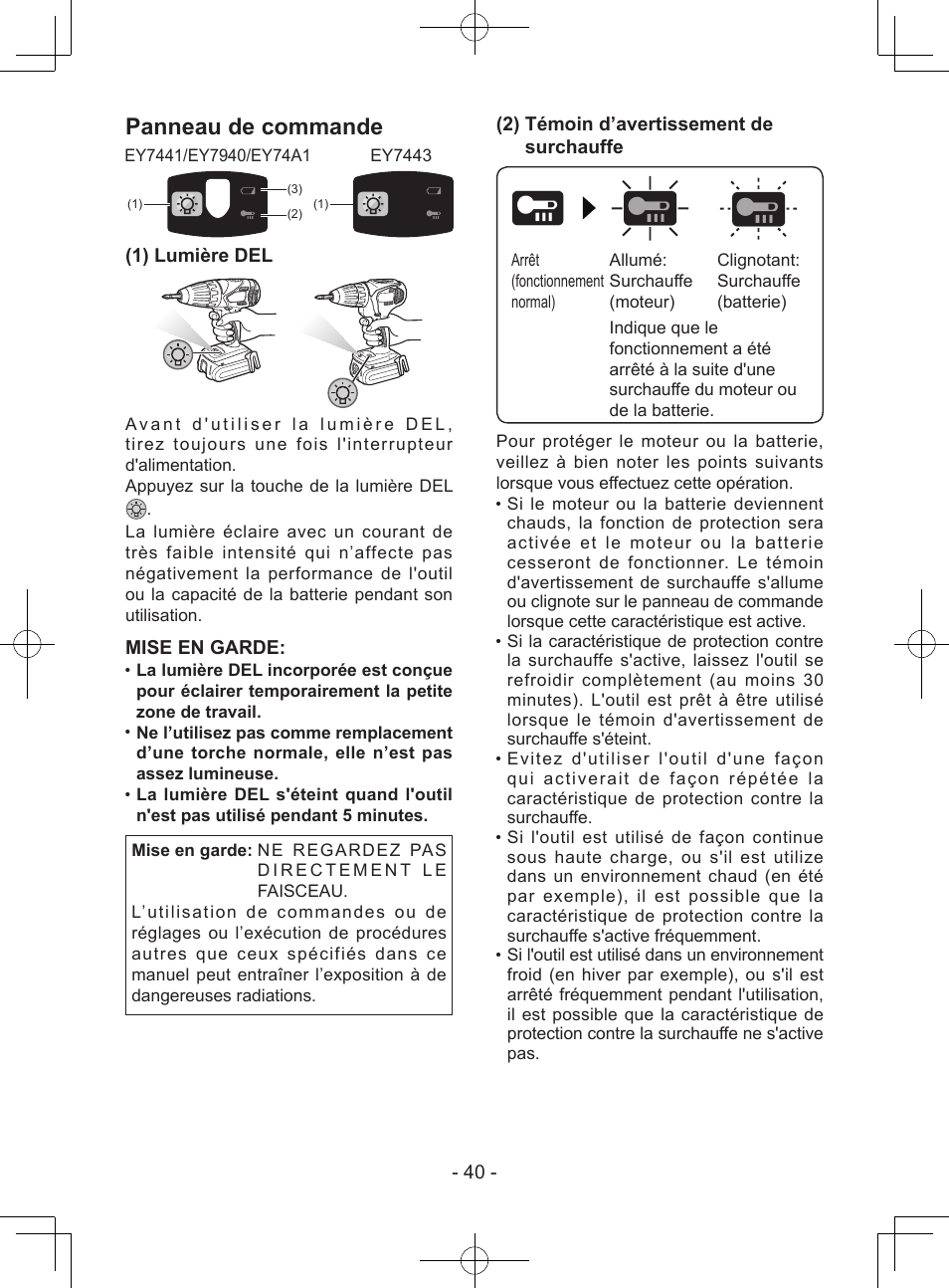 Panneau de commande, 1) lumière del, Mise en garde | 2) témoin d’avertissement de surchauffe | Panasonic EY7443 User Manual | Page 40 / 136