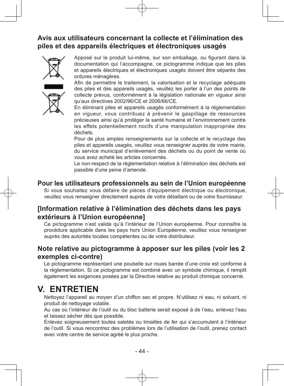 V. entretien | Panasonic EY7443 User Manual | Page 44 / 136