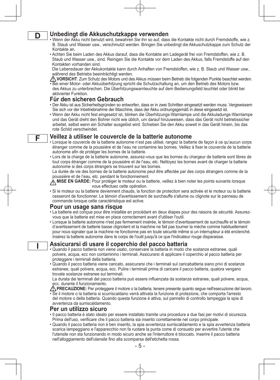 Df i, Unbedingt die akkuschutzkappe verwenden, Für den sicheren gebrauch | Pour un usage sans risque, Per un utilizzo sicuro | Panasonic EY7443 User Manual | Page 5 / 136