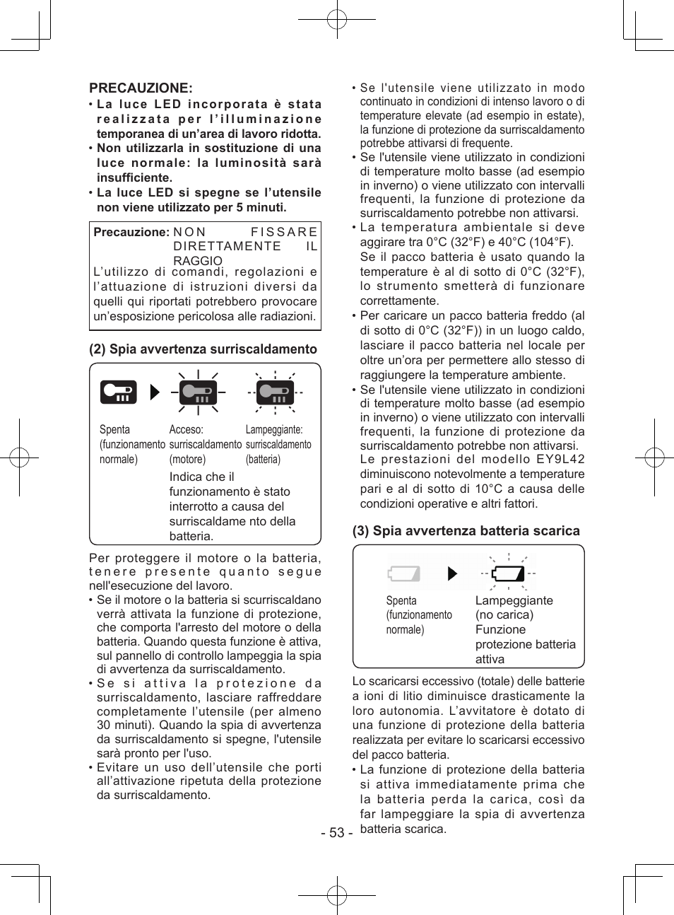 53 - precauzione, 2) spia avvertenza surriscaldamento, 3) spia avvertenza batteria scarica | Panasonic EY7443 User Manual | Page 53 / 136