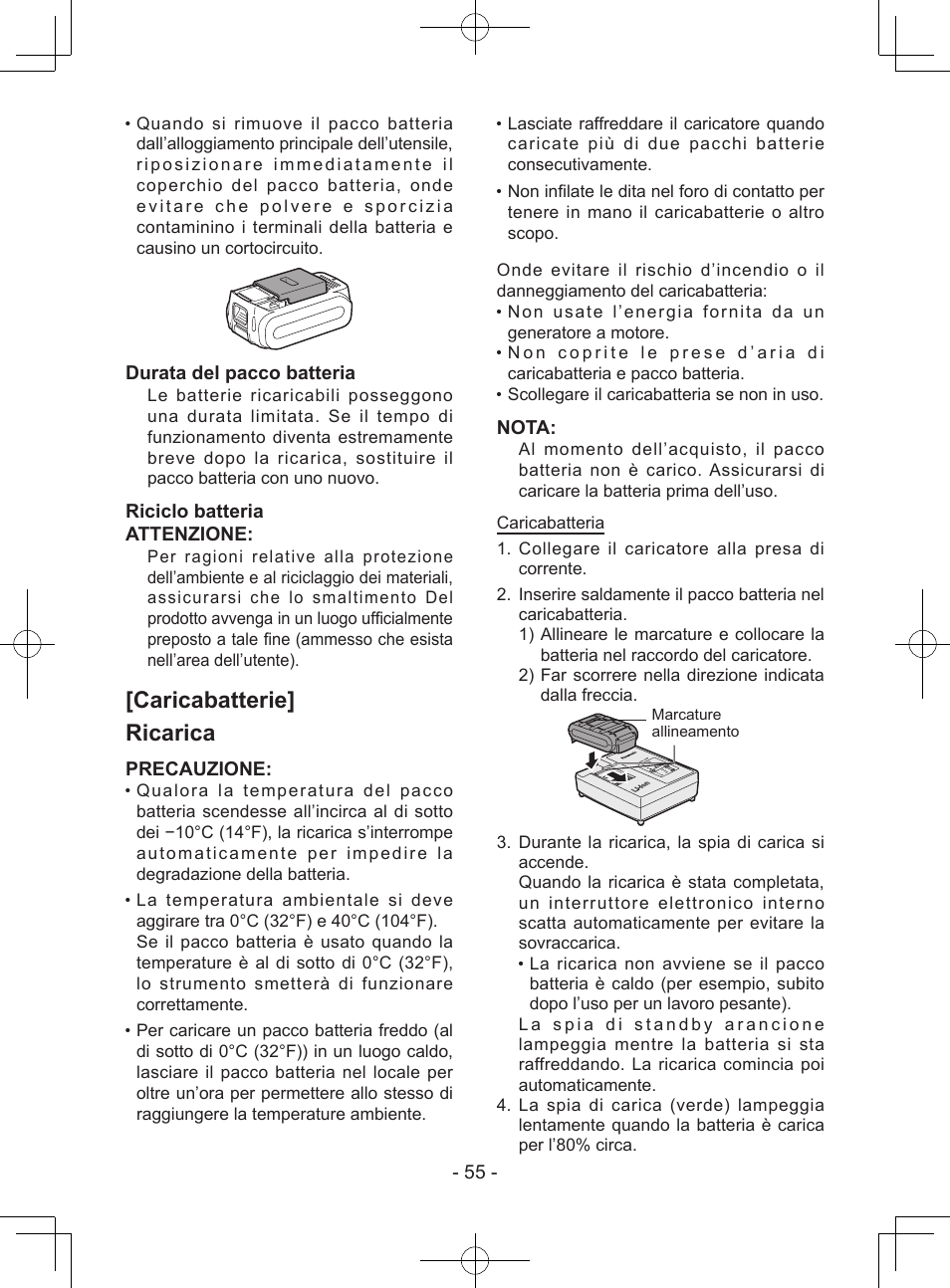 Caricabatterie] ricarica, Durata del pacco batteria, Riciclo batteria attenzione | Precauzione, Nota | Panasonic EY7443 User Manual | Page 55 / 136