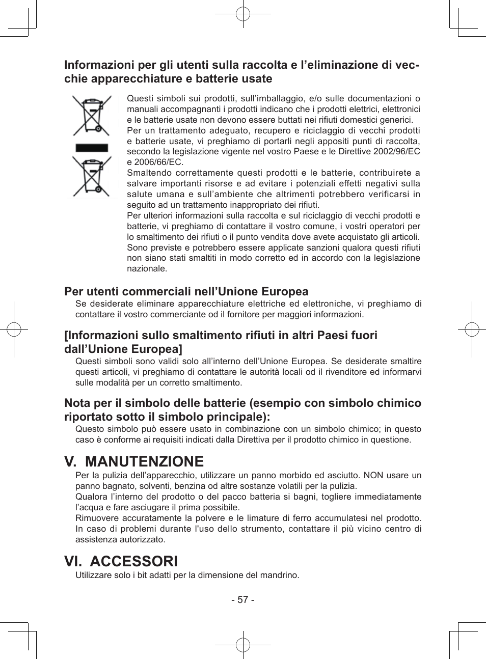 V. manutenzione, Vi. accessori, Per utenti commerciali nell’unione europea | Panasonic EY7443 User Manual | Page 57 / 136