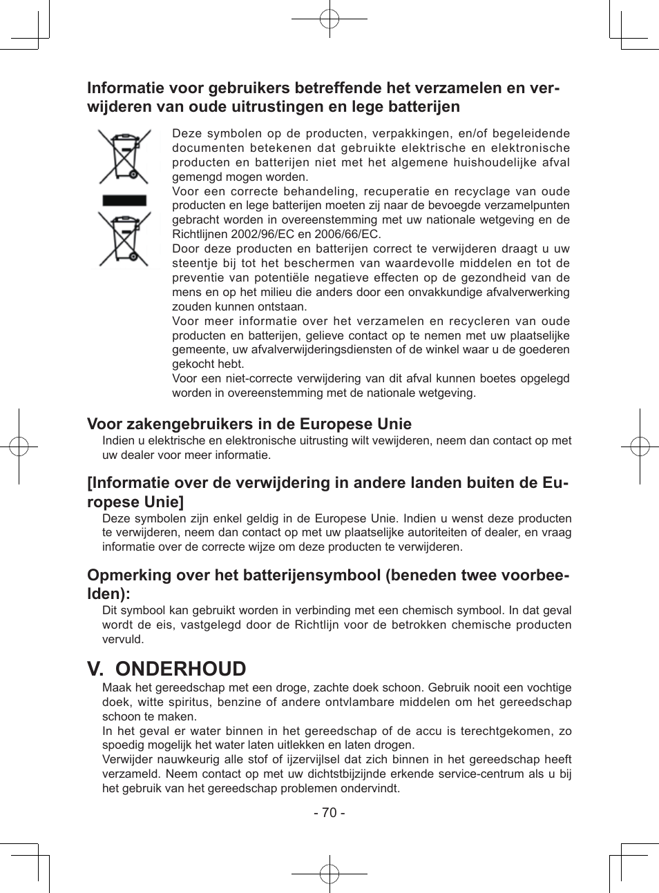 V. onderhoud, Voor zakengebruikers in de europese unie | Panasonic EY7443 User Manual | Page 70 / 136