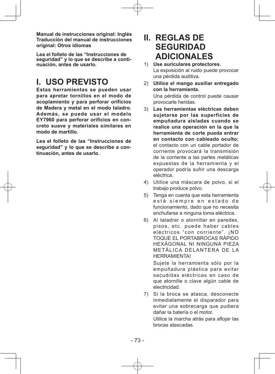 I. uso previsto, Ii. reglas de seguridad adicionales | Panasonic EY7443 User Manual | Page 73 / 136