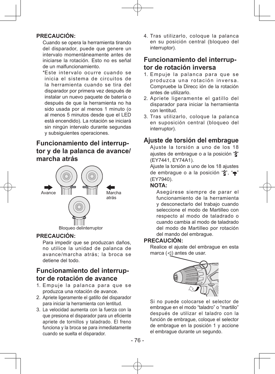 Ajuste de torsión del embrague | Panasonic EY7443 User Manual | Page 76 / 136