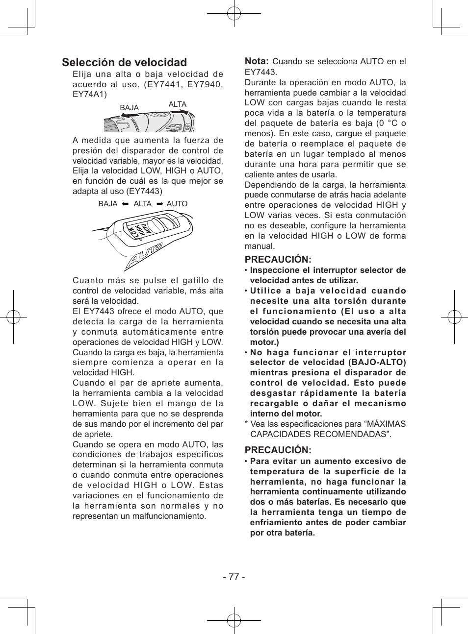 Selección de velocidad | Panasonic EY7443 User Manual | Page 77 / 136