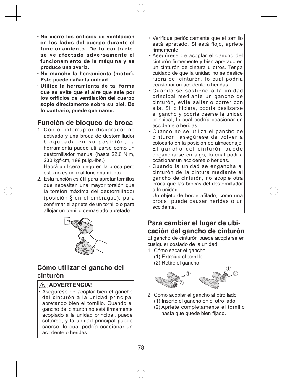 Función de bloqueo de broca, Cómo utilizar el gancho del cinturón, Advertencia | Panasonic EY7443 User Manual | Page 78 / 136