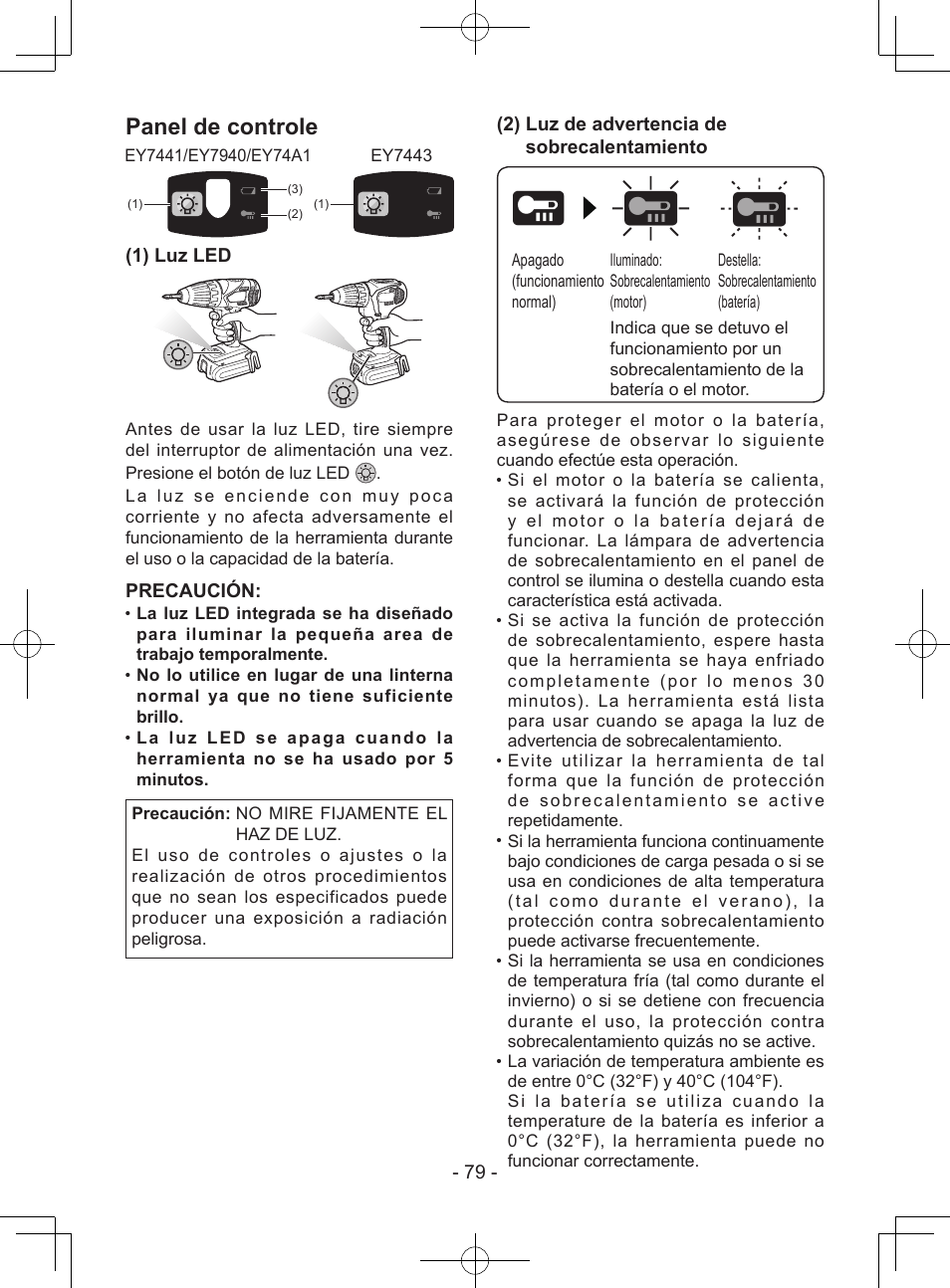 Panel de controle, 1) luz led, Precaución | 2) luz de advertencia de sobrecalentamiento | Panasonic EY7443 User Manual | Page 79 / 136