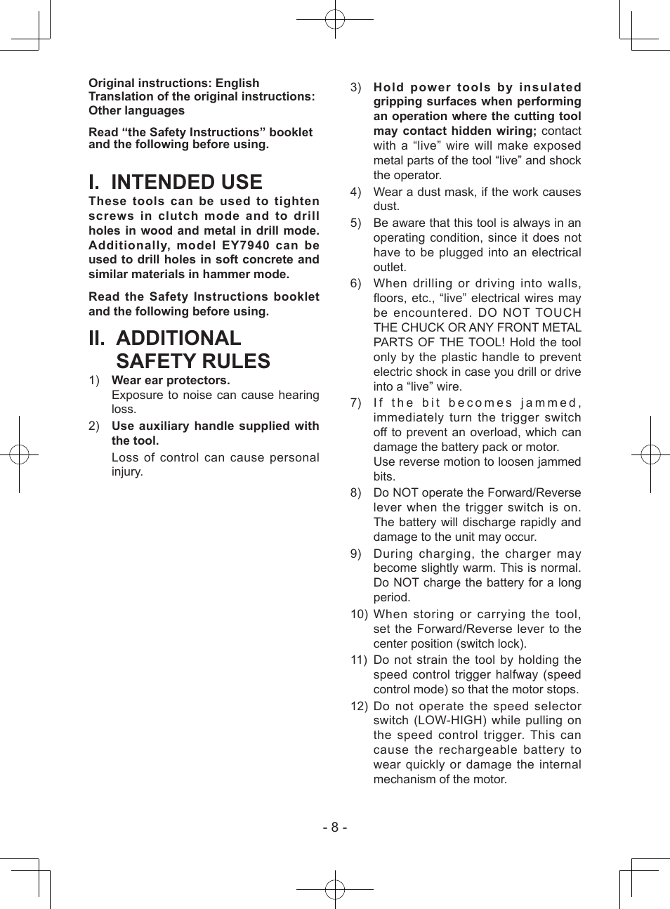 I. intended use, Ii. additional safety rules | Panasonic EY7443 User Manual | Page 8 / 136