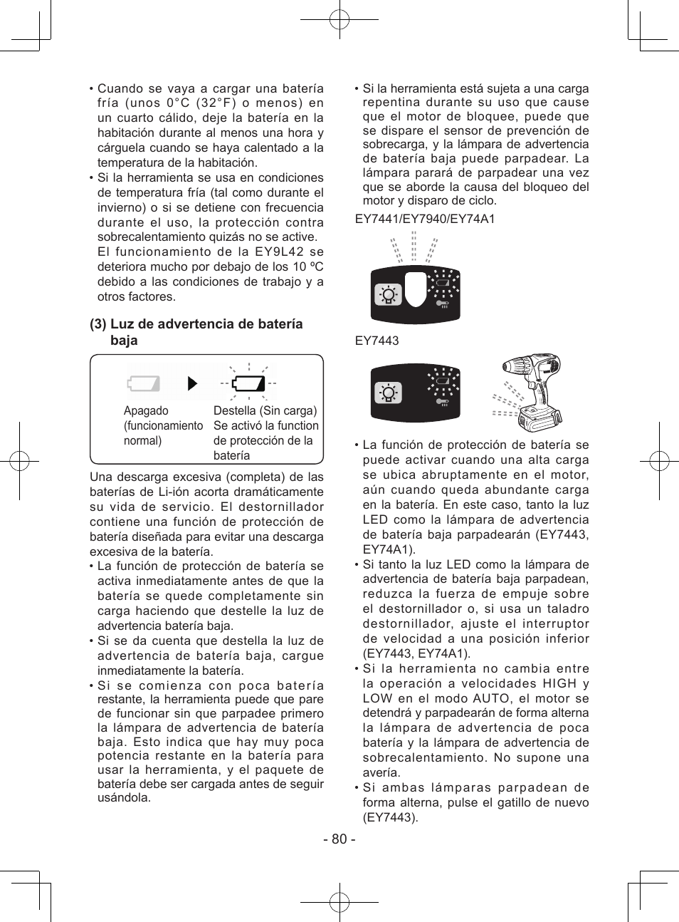 3) luz de advertencia de batería baja | Panasonic EY7443 User Manual | Page 80 / 136