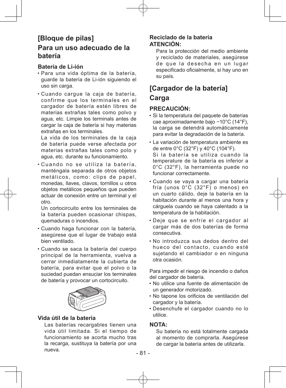 Cargador de la batería] carga, Batería de li-ión, Vida útil de la batería | Reciclado de la batería atención, Precaución, Nota | Panasonic EY7443 User Manual | Page 81 / 136
