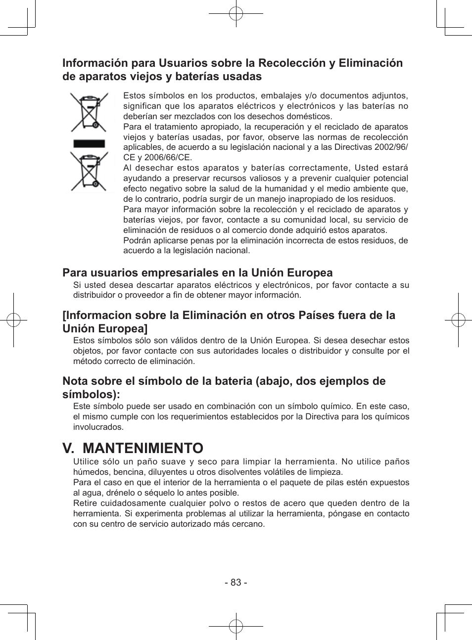 V. mantenimiento, Para usuarios empresariales en la unión europea | Panasonic EY7443 User Manual | Page 83 / 136
