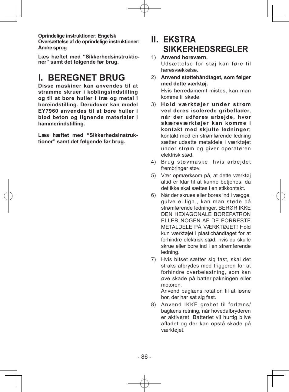 I. beregnet brug, Ii. ekstra sikkerhedsregler | Panasonic EY7443 User Manual | Page 86 / 136