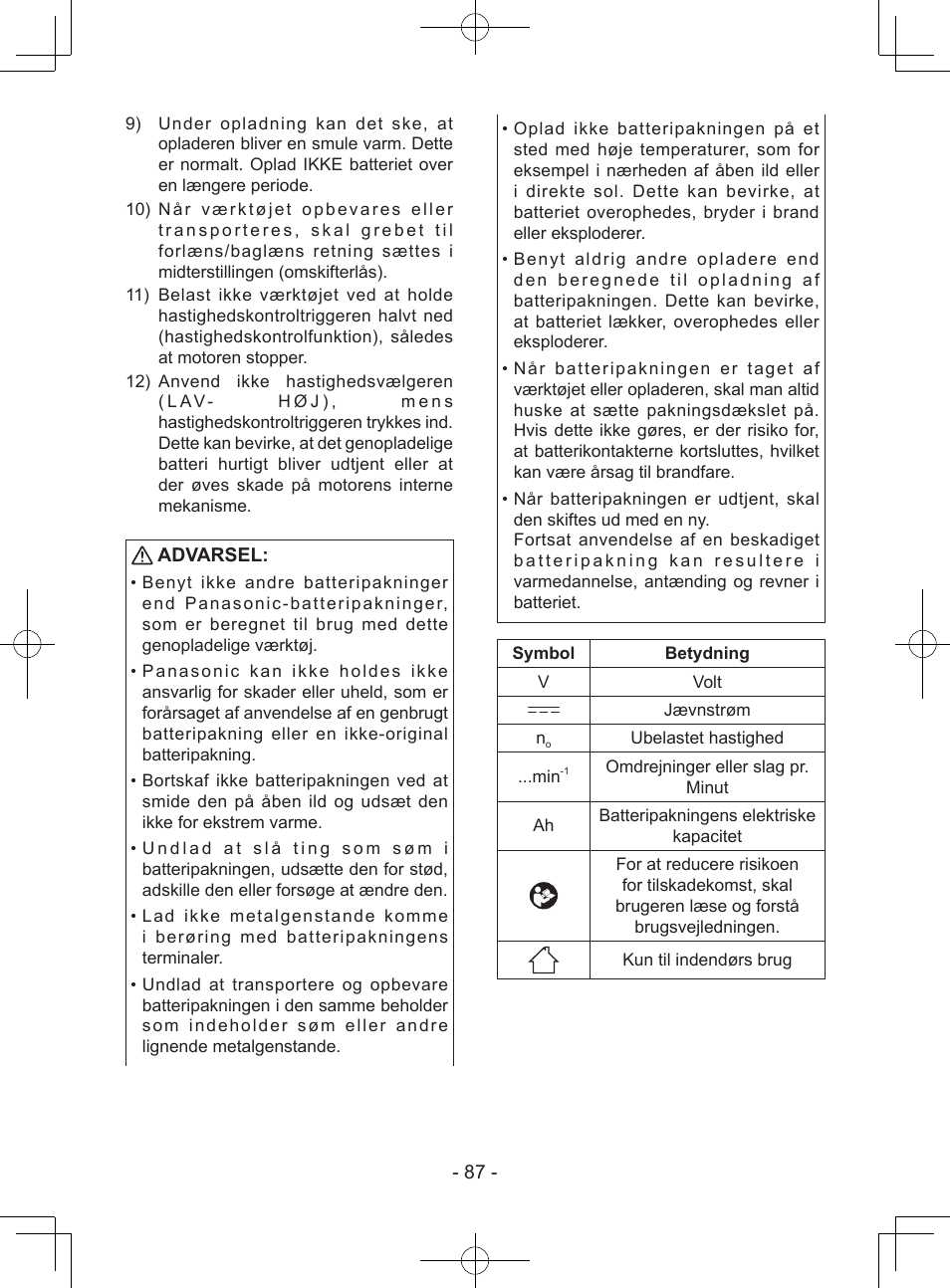 Advarsel | Panasonic EY7443 User Manual | Page 87 / 136