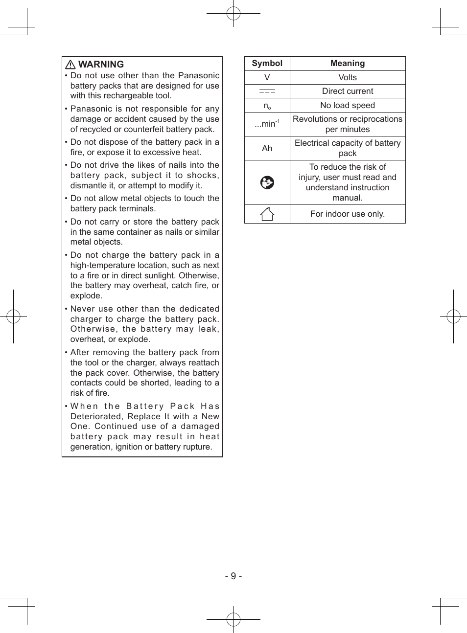 9 - warning, Do not use other than the panasonic, No load speed ...min | Panasonic EY7443 User Manual | Page 9 / 136