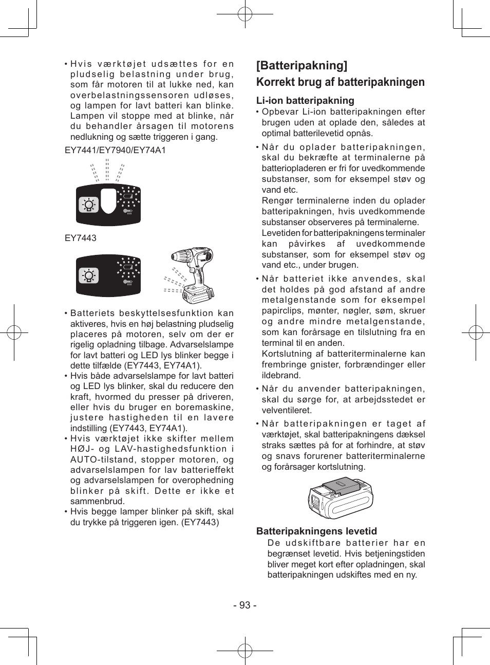 Batteripakning] korrekt brug af batteripakningen, Li-ion batteripakning, Batteripakningens levetid | Panasonic EY7443 User Manual | Page 93 / 136