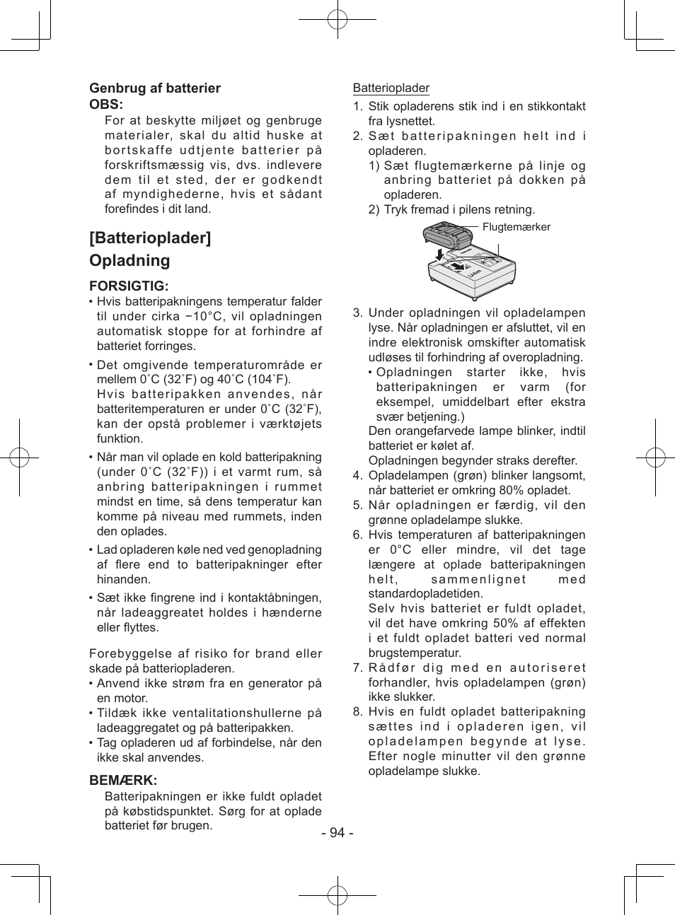 Batterioplader] opladning, 94 - genbrug af batterier obs, Forsigtig | Bemærk | Panasonic EY7443 User Manual | Page 94 / 136